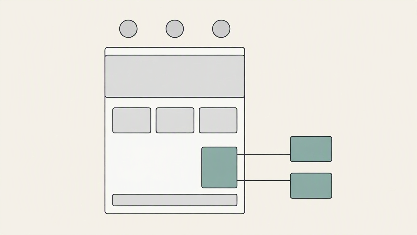 Flat schematic of a single web page drawn as stacked grey bands with three small cards, and one teal block linked by straight lines to two separate teal destination blocks on the right.