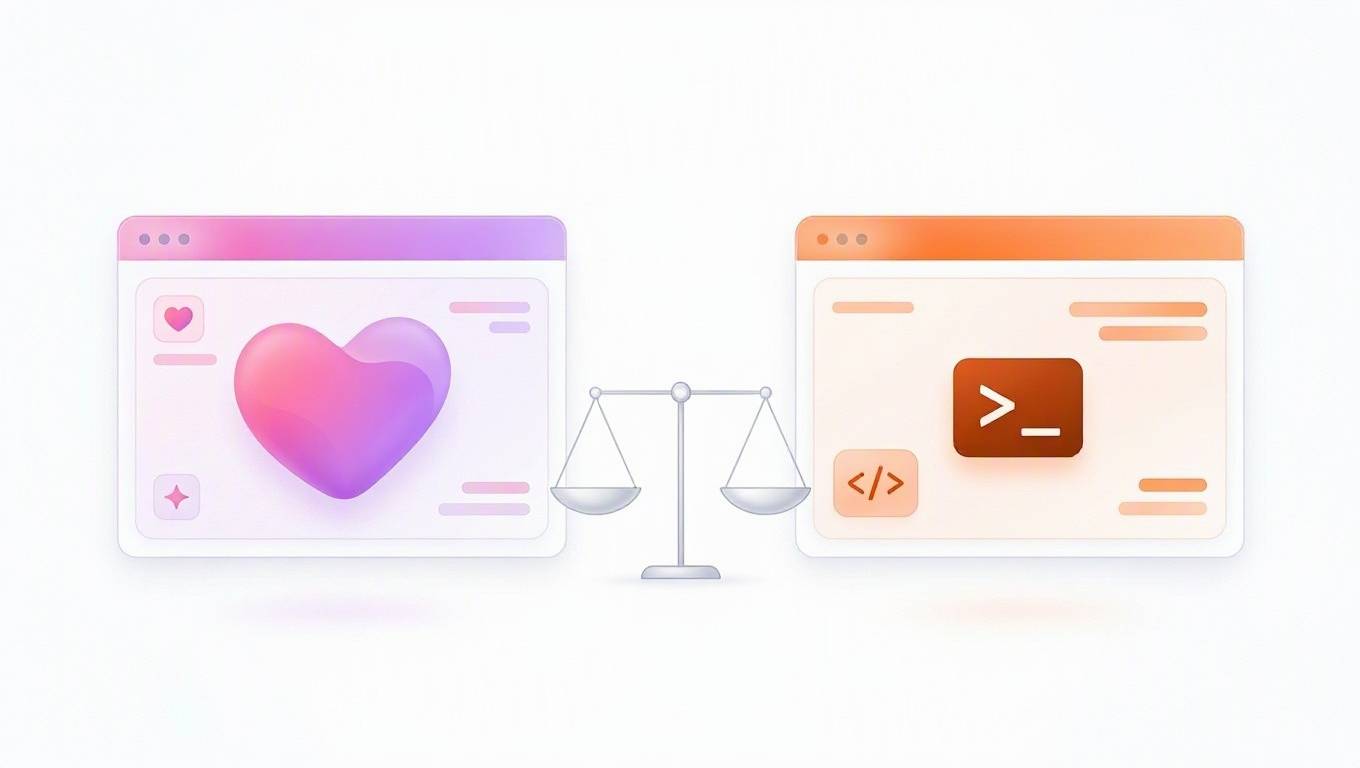 Lovable vs Replit 2026 comparison: two AI app builder windows balanced on a scale