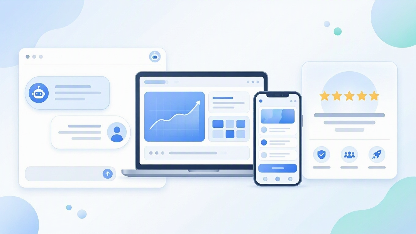 Emergent AI review 2026: an AI agent chat building a web and mobile app next to a scored review card