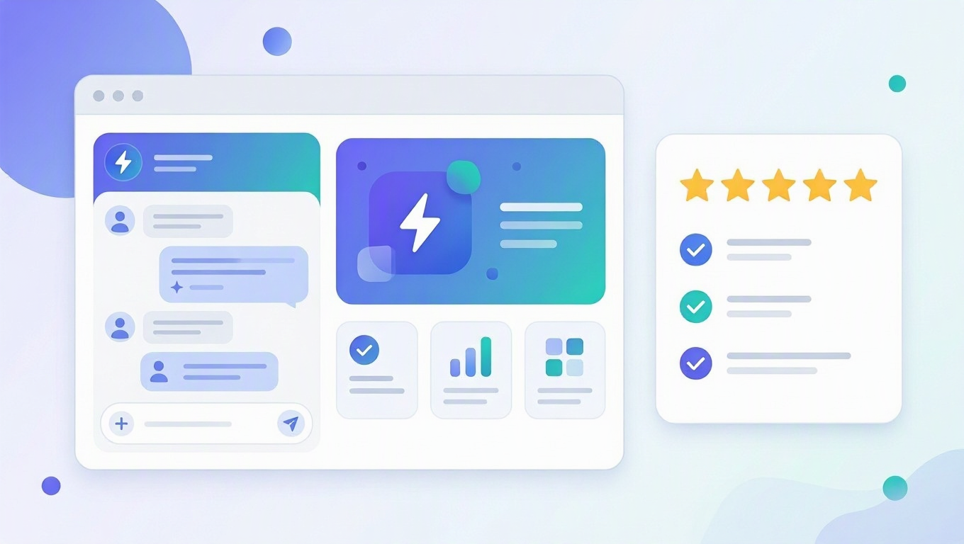 Bolt.new review 2026: an AI chat building a web app in a browser next to a scored review card
