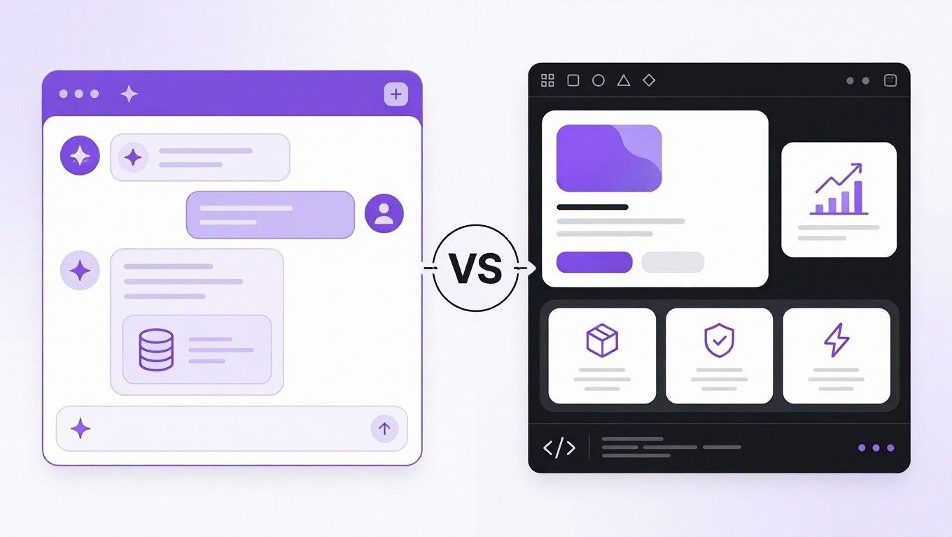 Lovable vs v0 2026: a chat-built web app with a backend next to a polished interface generated as code