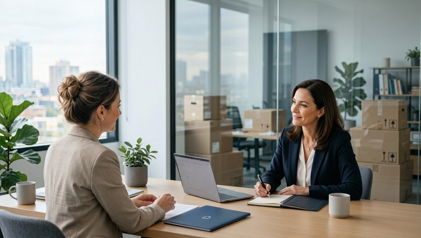 Corporate relocation coordinator and HR manager reviewing a relocation plan in an office.