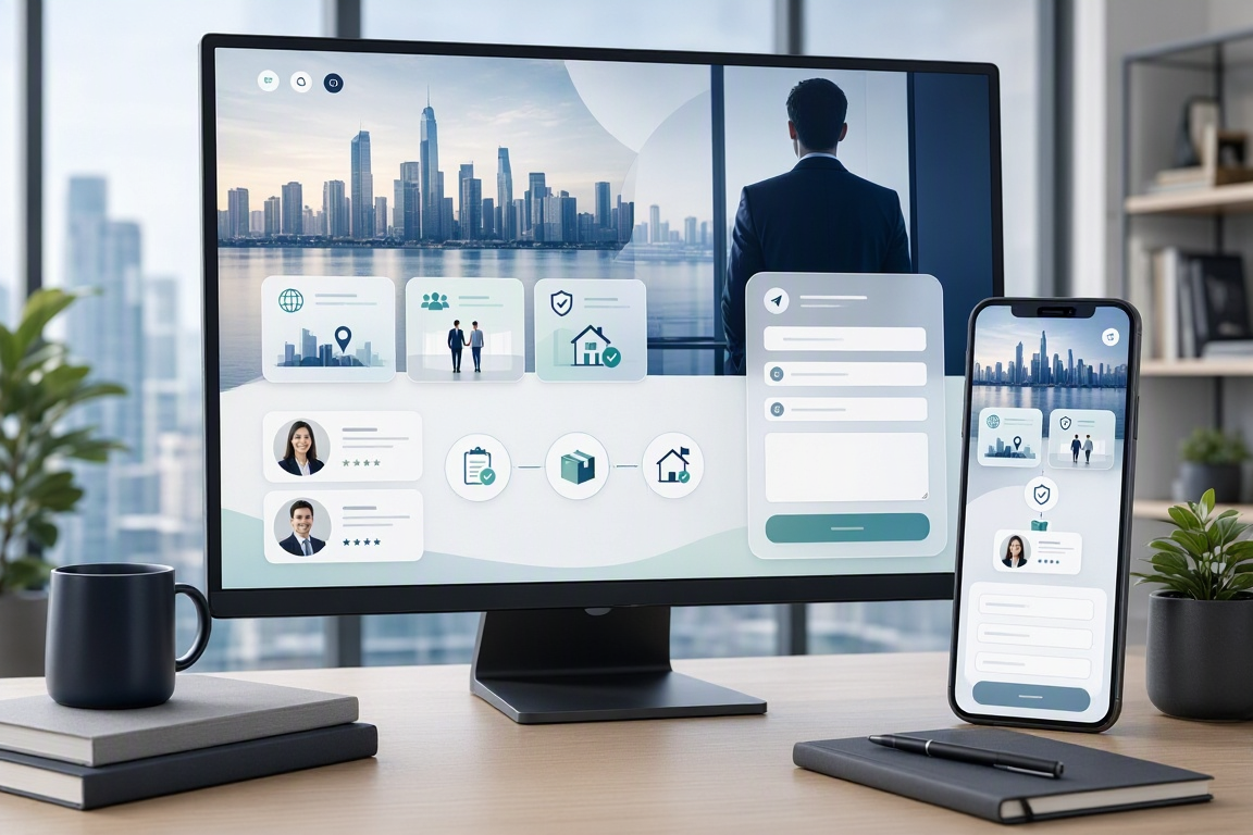 Desktop and mobile relocation website layouts showing services, a process section, and an inquiry form.