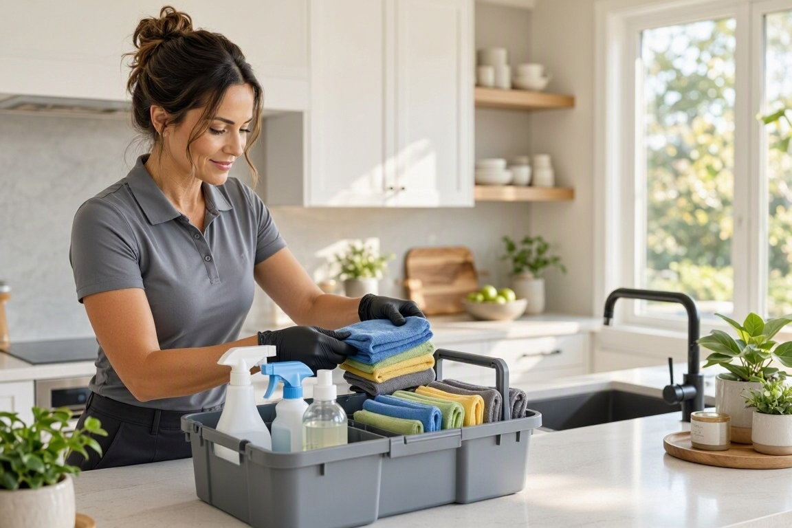 Professional house cleaning equipment organized neatly on a kitchen counter