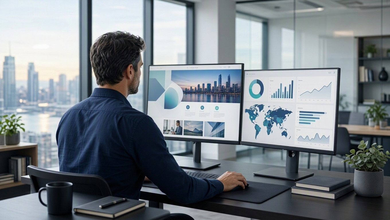 Business intelligence consultant reviewing a firm website and analytics dashboard on two monitors.