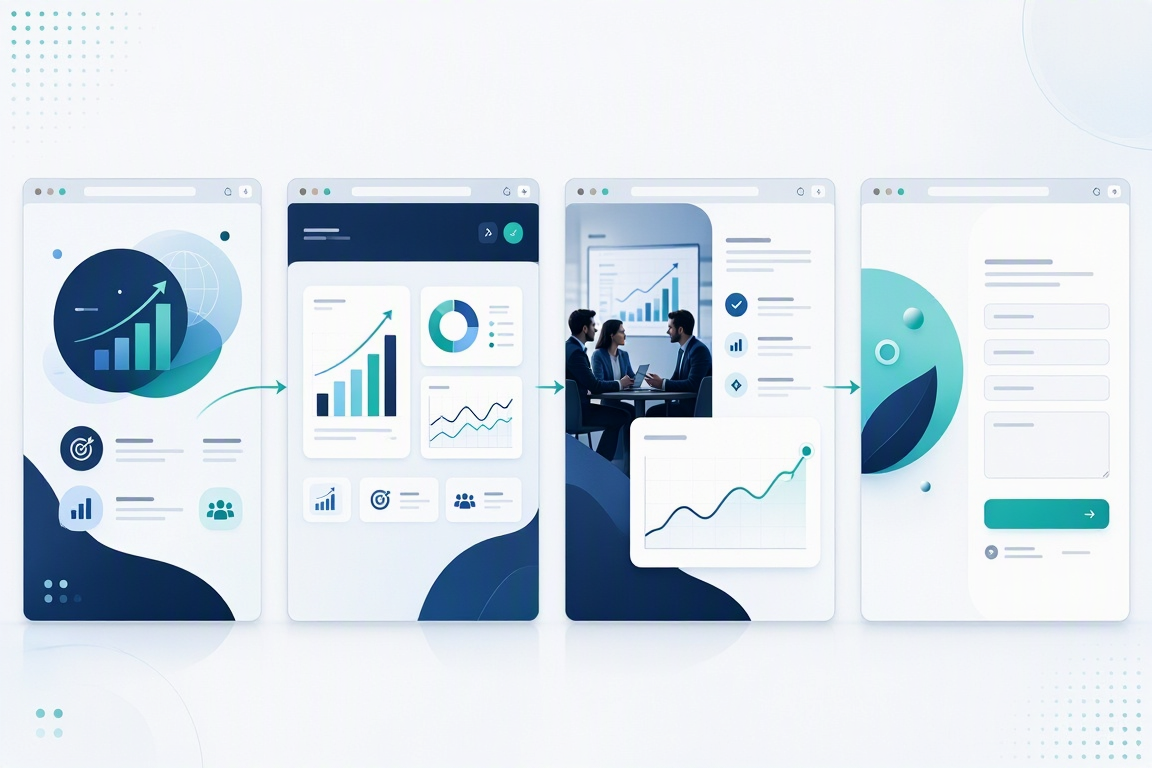 Connected website panels illustrating BI services, dashboard examples, case study evidence, and lead capture.