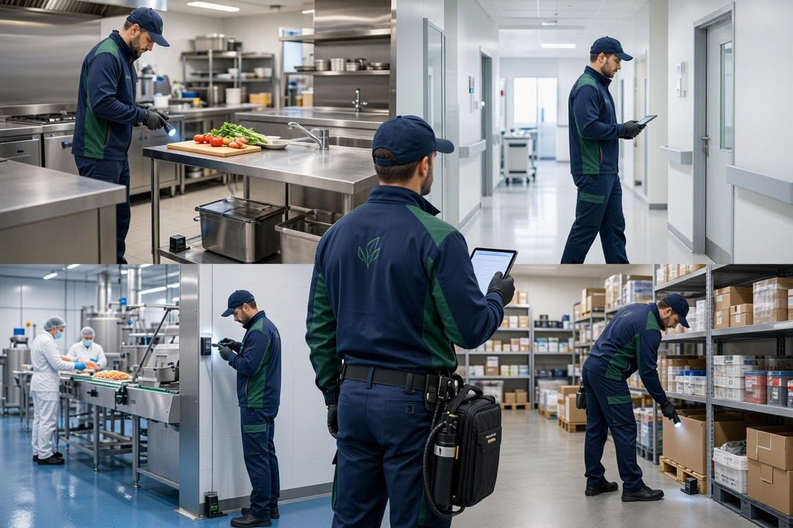 Commercial pest management across restaurant, healthcare, food processing, and retail facilities.