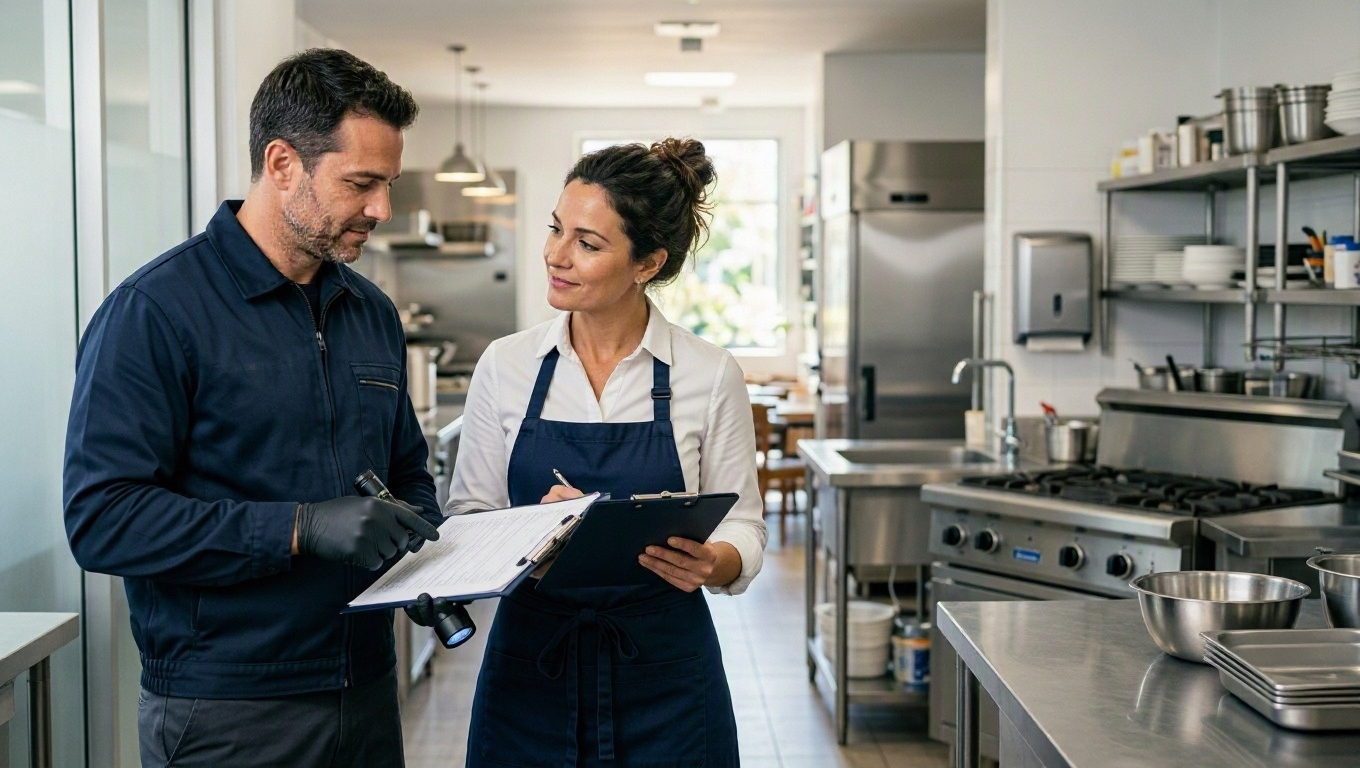 Commercial pest control technician discussing an inspection with a restaurant manager.