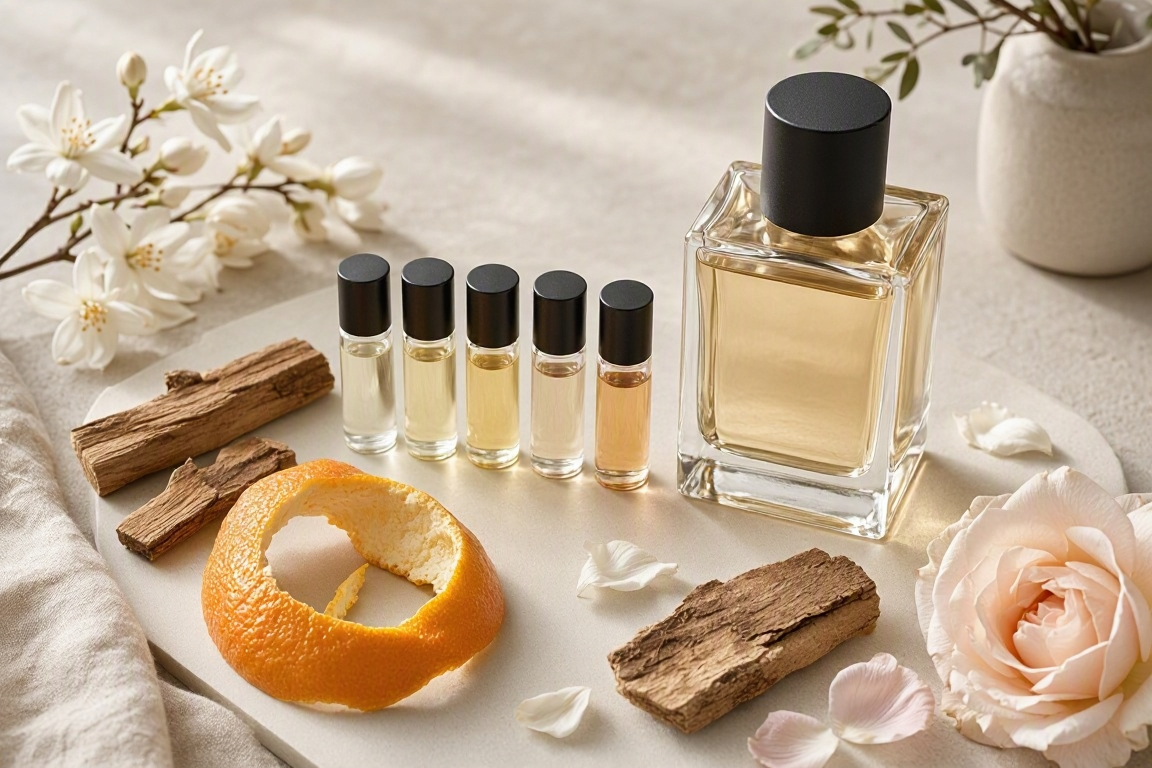 Fragrance discovery samples and a full-size bottle surrounded by citrus, wood, and flowers.