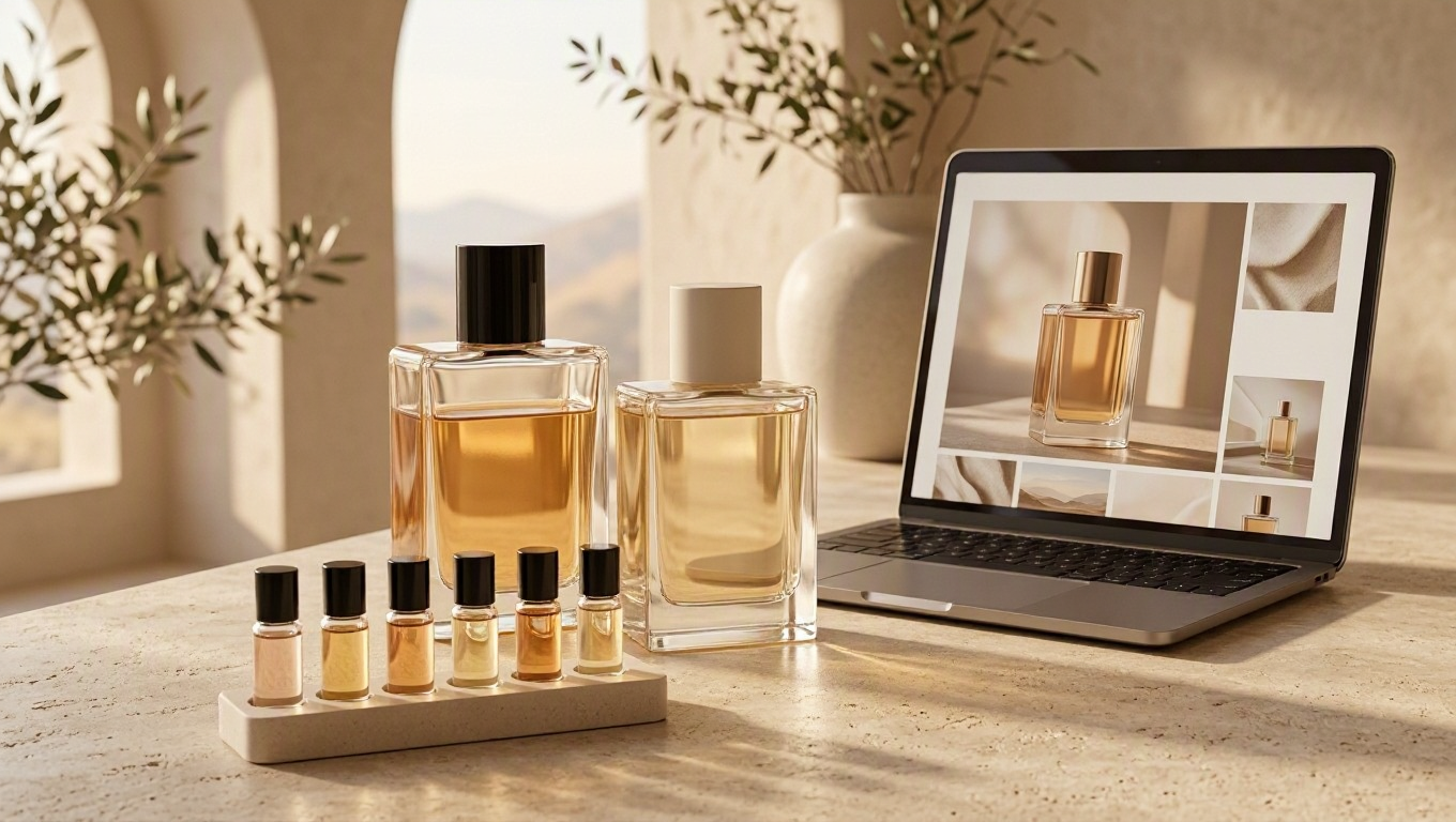 Perfume bottles and discovery samples beside a laptop showing a fragrance storefront layout.