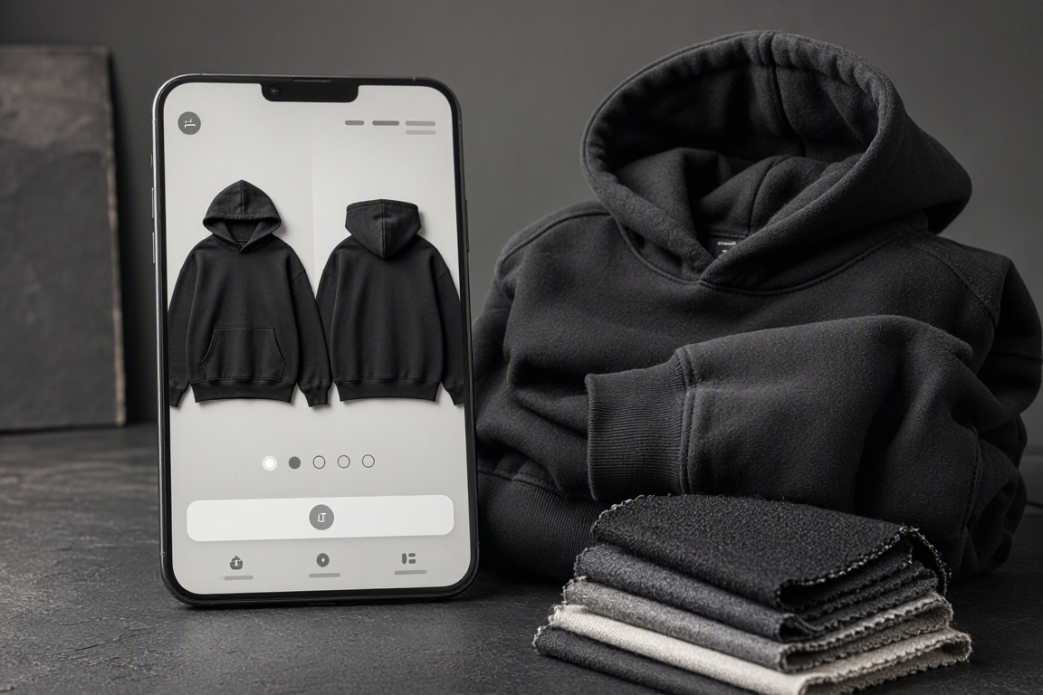 Mobile streetwear product page beside a hoodie and fabric swatches.