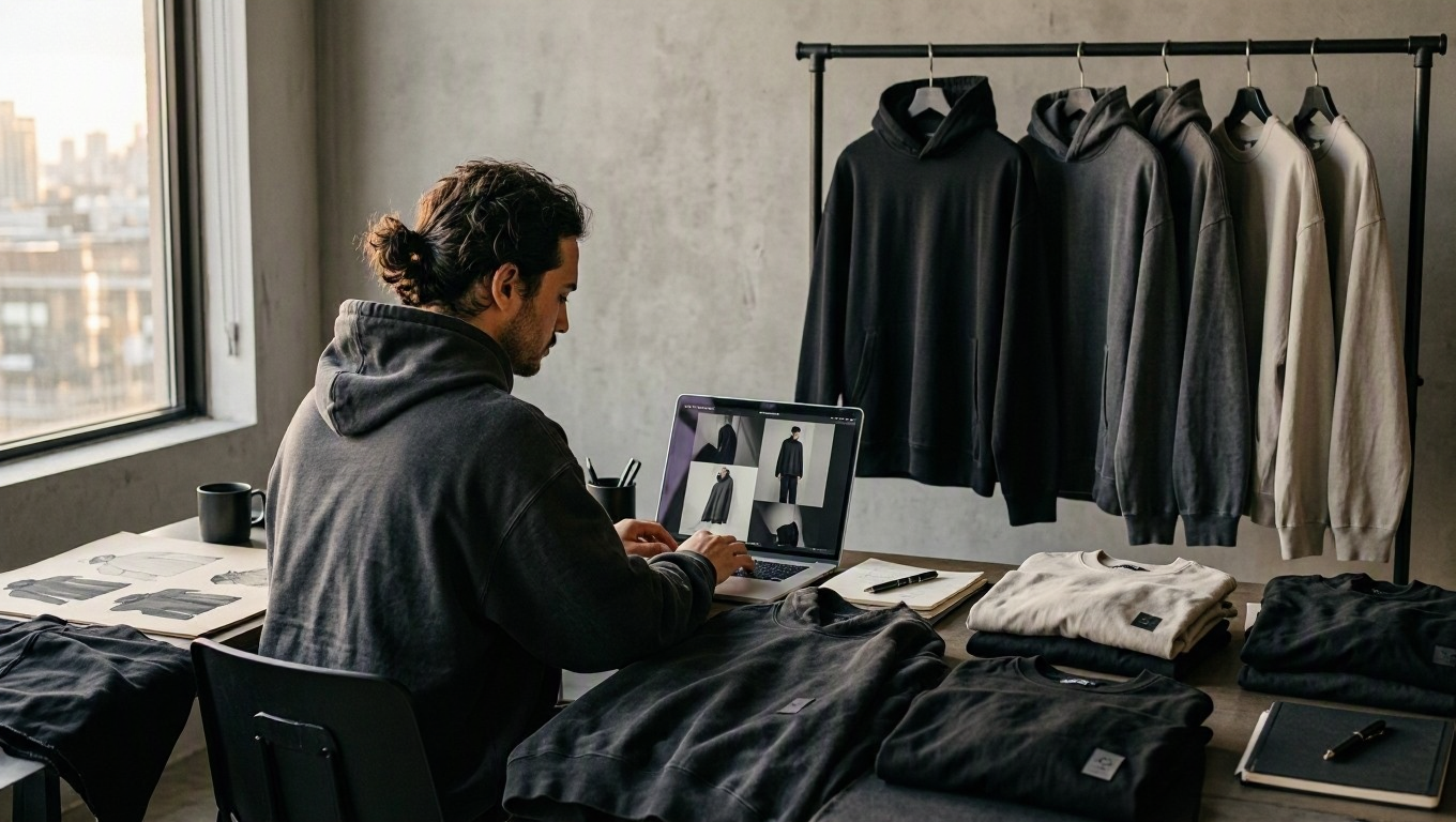 Streetwear founder preparing garments and an online storefront for a collection launch.