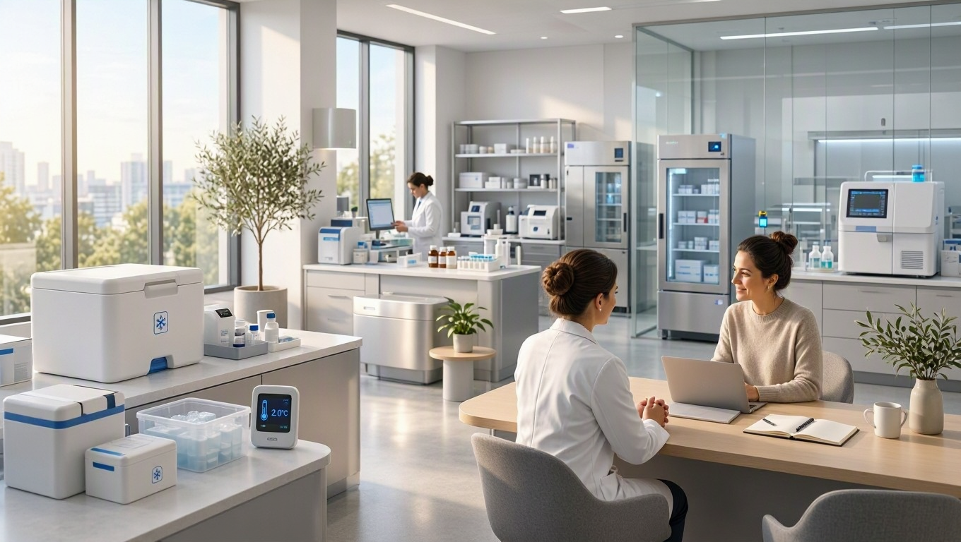 Modern specialty pharmacy clinical facility with consultation desk and pharmaceutical distribution equipment