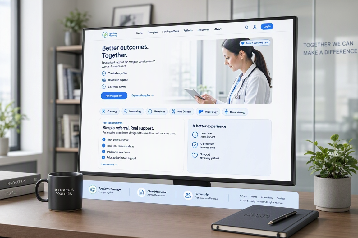 Specialty pharmacy website design layout showing prescriber referral and patient support sections