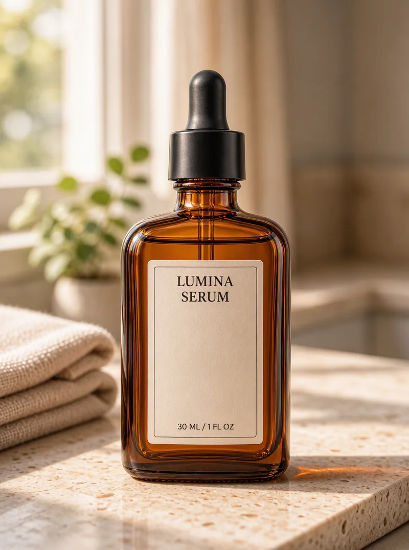 The serum bottle photographed on a bathroom counter in warm window light