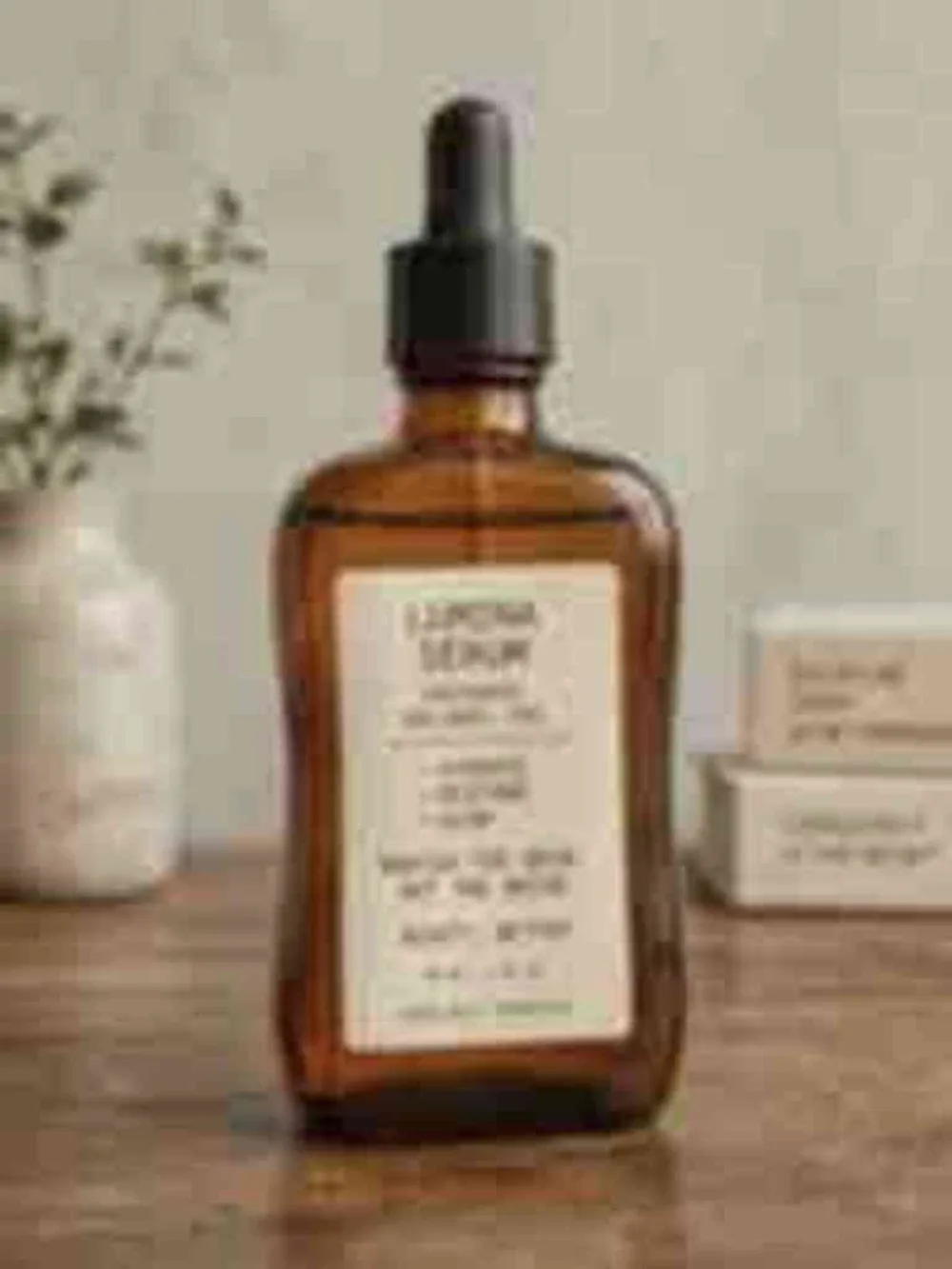 The original AI-generated serum bottle: blurry, with a smeared label and a wavy shape