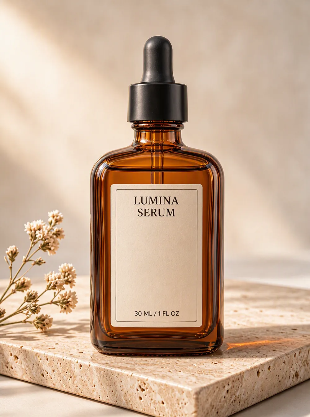 The enhanced serum bottle: symmetrical, sharp label, photographed on a travertine pedestal in soft window light