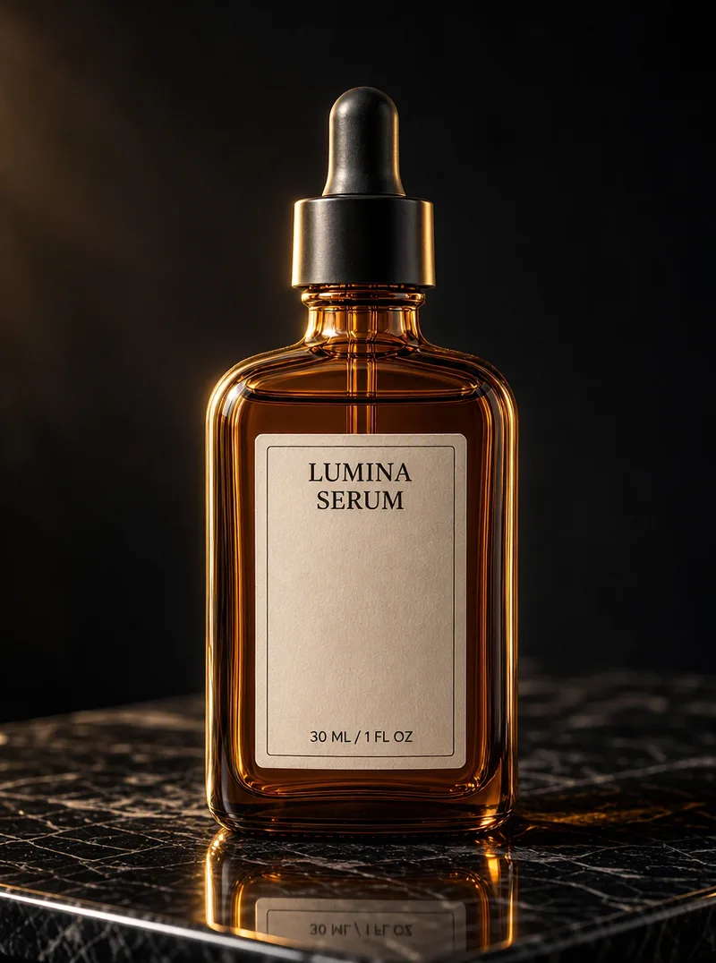 The serum bottle in the Luxury dark style