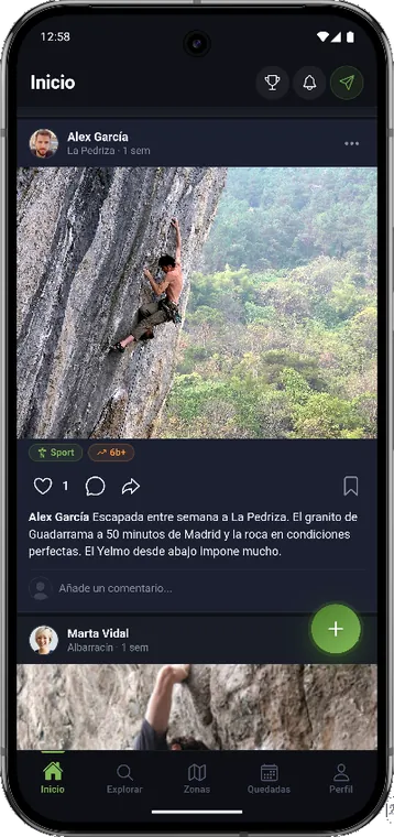 Cumbre: feed de inicio con la publicación de un escalador en La Pedriza