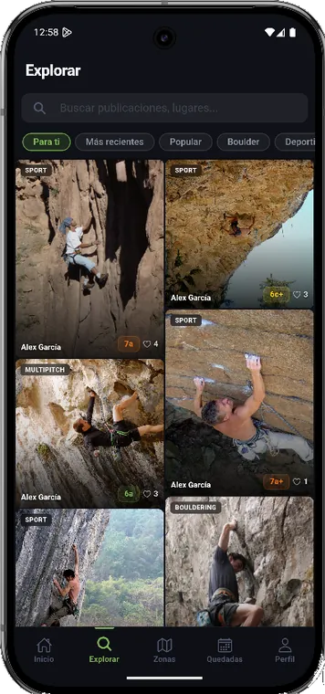 Cumbre: pantalla Explorar con fotos de vías de escalada