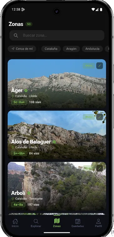 Cumbre: listado de zonas de escalada (Àger, Alòs de Balaguer, Arbolí)