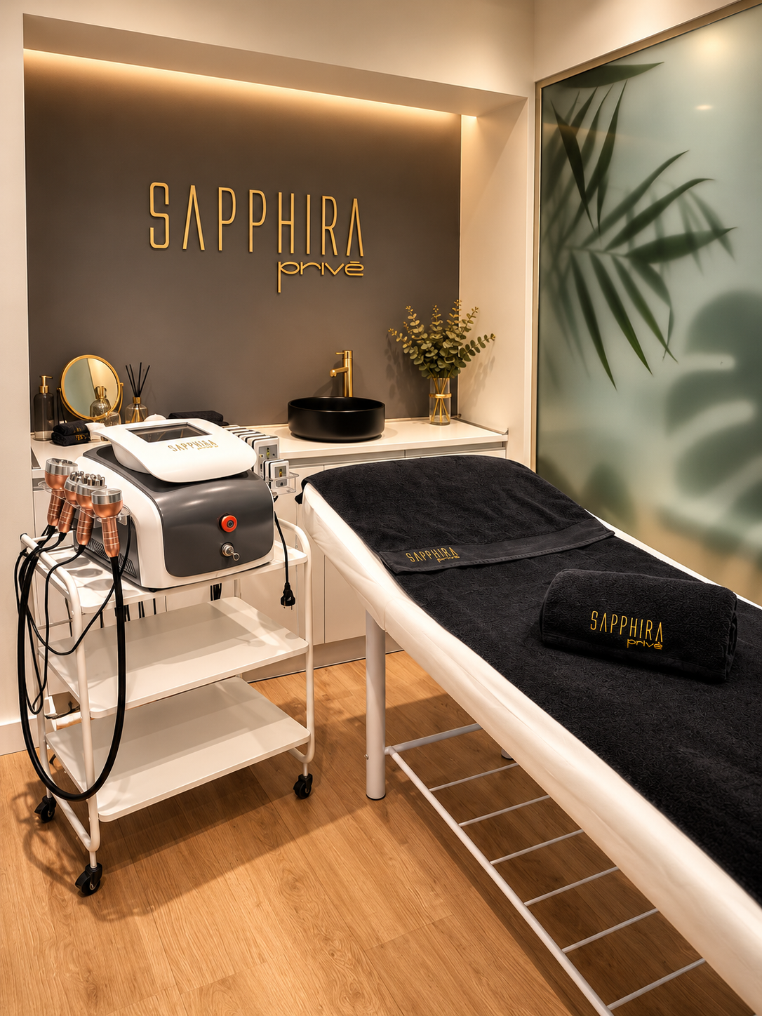 Cabina de Sapphira Privé con camilla, equipo de aparatología y el logotipo dorado en la pared