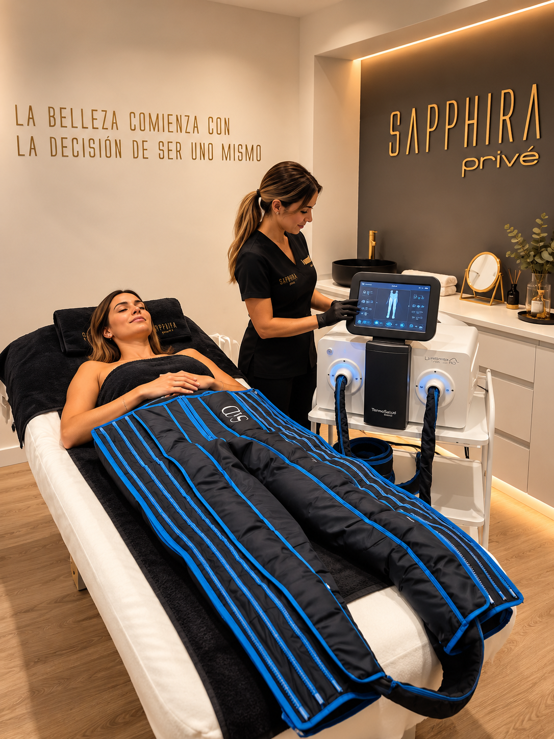 Sesión de presoterapia en una cabina de Sapphira Privé: clienta tumbada con el traje neumático y una profesional junto al equipo