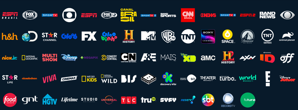 Logos de canais: ESPN, Fox Sports, SporTV, Globo, CNN Brasil, Band, Discovery, HBO, TNT, Warner, History, Cartoon Network, Disney, Multishow, SBT, Record TV e outros