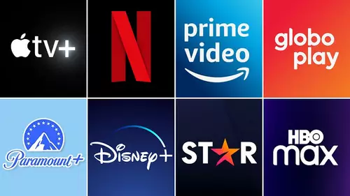 Logos de streamings: Apple TV+, Netflix, Prime Video, Globoplay, Paramount+, Disney+, Star+ e HBO Max